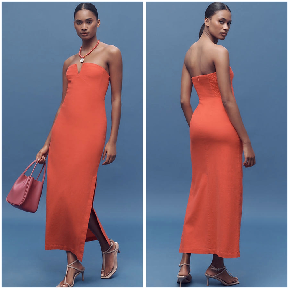 Anthropologie Red Strapless Linen Midi Dress